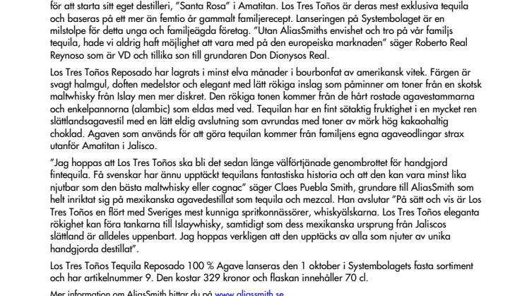 Elegant rökig tequila lanseras på Systembolaget den 1 oktober