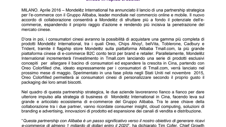 Mondelēz International lancia una partnership strategica per l’e-commerce con il Gruppo Alibaba