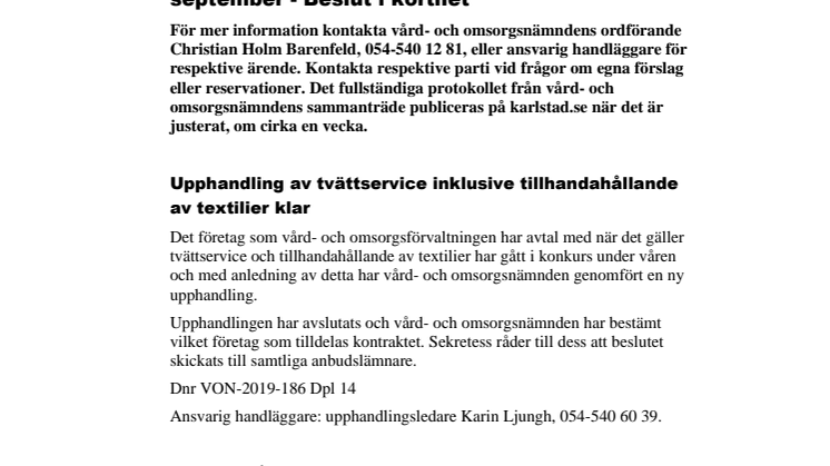 Vård- och omsorgsnämndens beslut i korthet 18 september