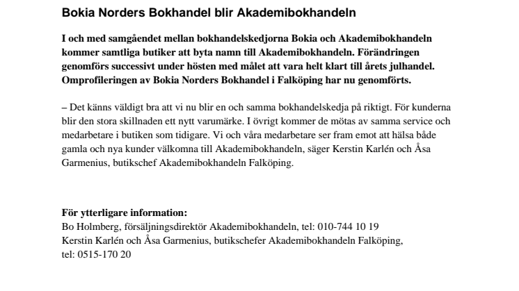Bokia Norders Bokhandel blir Akademibokhandeln 