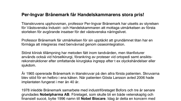 Per-Ingvar Brånemark får Handelskammarens stora pris! 