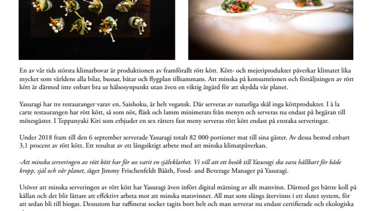 Yasuragi reducerar kraftigt serveringen av rött kött