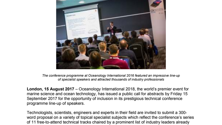 Oceanology International Issues Final Call for Speakers to Complete World-Class 2018 Conference Line-Up
