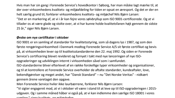 Forenede Service fejrer 25-års jubilæum med ISO-certificeringer  