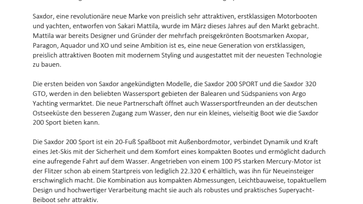 Argo Yachting erhält Saxdor-Franchise für Spanien und Norddeutschland zugesprochen