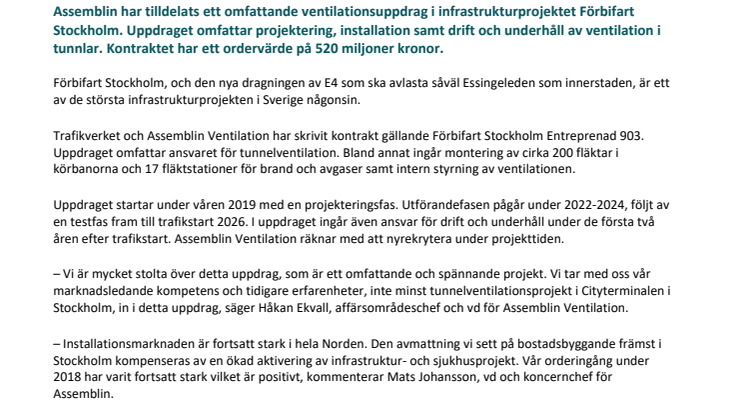 Assemblin ansvarar för tunnelventilation i Förbifart Stockholm