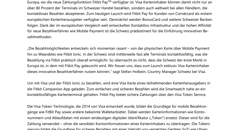 Visa bringt kontaktloses Bezahlen  mit Fitbit Ionic in die Schweiz 