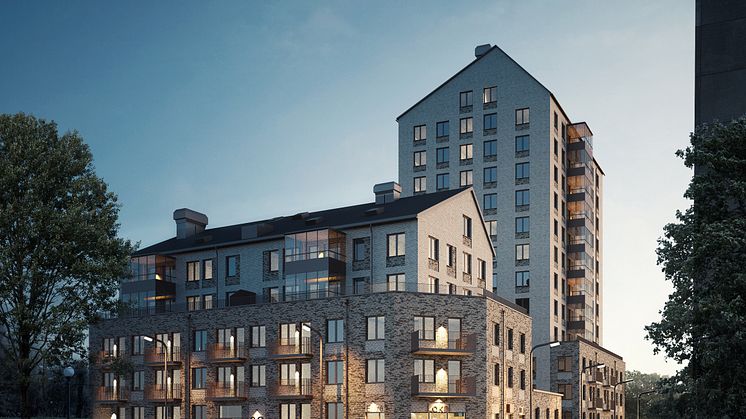 Med terrasser, inglasade balkonger och mönstermurade fasader blir Guldläge ett hållbart boende utöver det vanliga. Bild: BAU