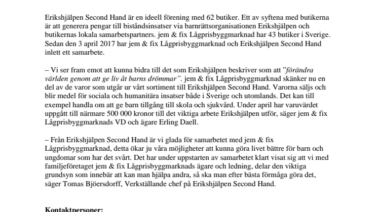 Erikshjälpen Second Hand och jem & fix inleder samarbete