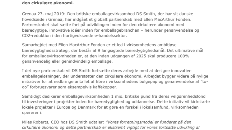 DS Smith indgår globalt partnerskab med Ellen MacArthur Fonden