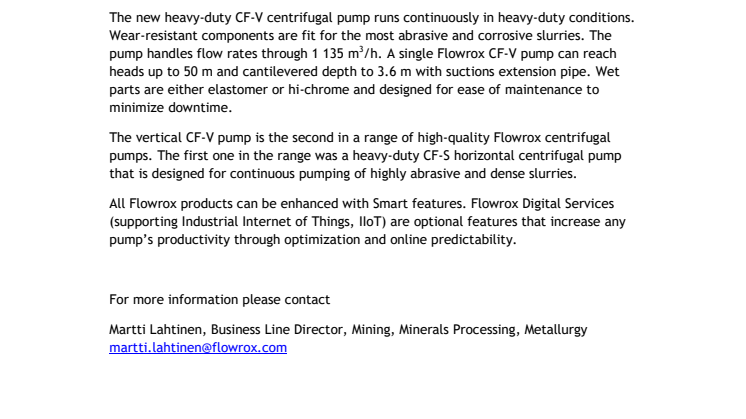 Flowrox Launches Centrifugal Pump with Vertical Cantilever Design