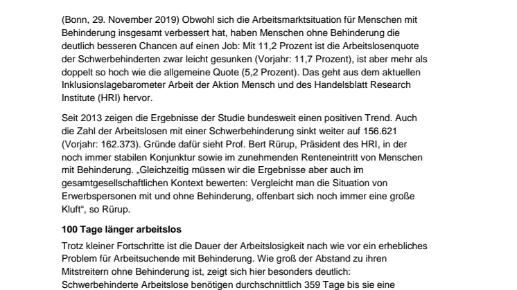 Trotz sinkender Arbeitslosenzahlen:  Kluft zwischen erwerbslosen Menschen mit und ohne Behinderung bleibt groß