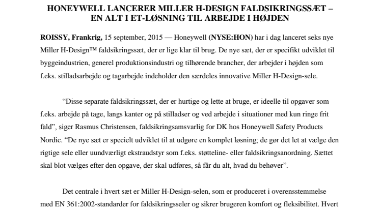  Honeywell lancerer Miller H-design faldsikringssæt – en alt i et-løsning til arbejde i højden