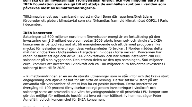 IKEA koncernen och IKEA Foundation satsar totalt 1 miljard euro på klimatåtgärder