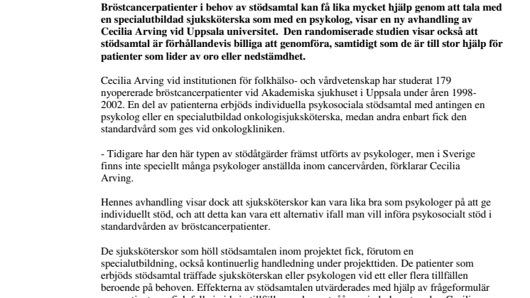 Sjuksköterskor lika bra som psykologer på att stötta cancerpatienter