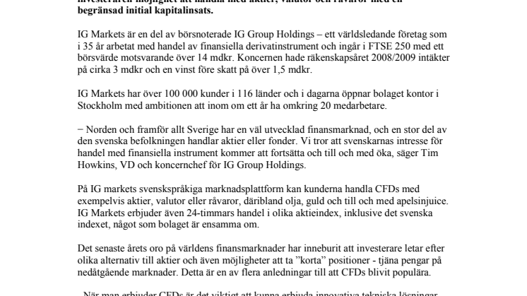 Världsledande företag inom finansiella instrument till Sverige - IG Markets lanserar CFD-erbjudande