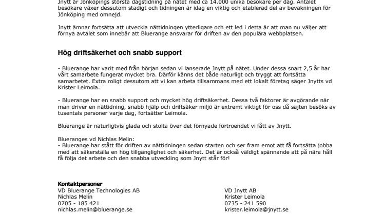 Jnytt och Bluerange tecknar nytt avtal