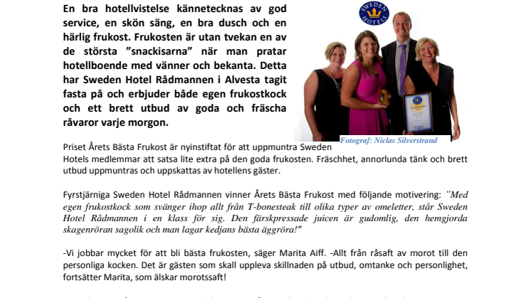 Årets Bästa Hotellfrukost äts på Sweden Hotel Rådmannen i Alvesta