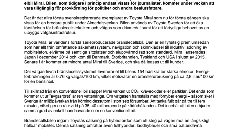Toyotas bränslecellsbil Mirai får svensk premiär i Almedalsveckan