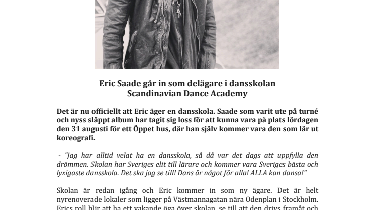 Eric Saade går in som delägare i dansskolan Scandinavian Dance Academy 