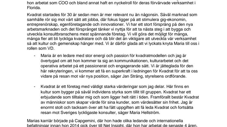 Maria Hellström utsedd till ny VD och koncernchef för Kvadrat