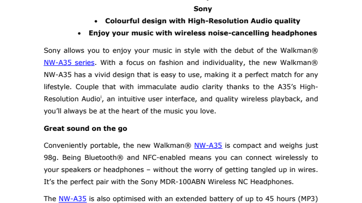 ​Sony lanserar nya NW-A35 Walkman med högkvalitativt ljud