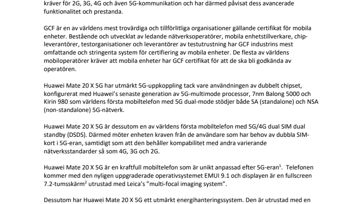 Huawei Mate 20 X 5G är världens första mobila enhet att uppnå 5G-certifiering av Global Certification Forum (GCF)