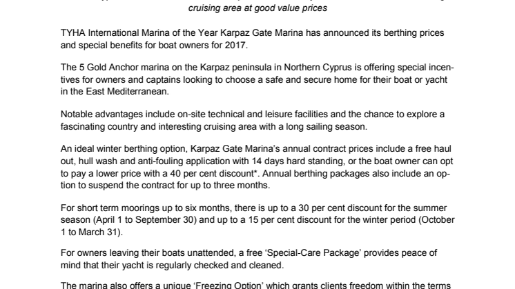 Press Kit #1: TYHA International Marina of the Year Karpaz Gate Marina Announces 2017 Berthing Benefits and Offers