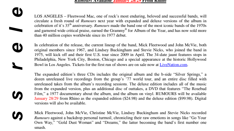 Fleetwood Mac original Rhino press release