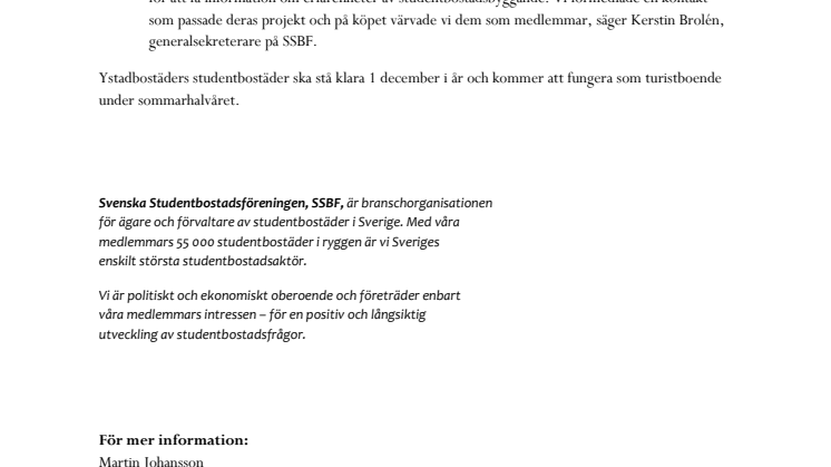 AB Ystadbostäder blir medlemmar i Svenska Studentbostadsföreningen