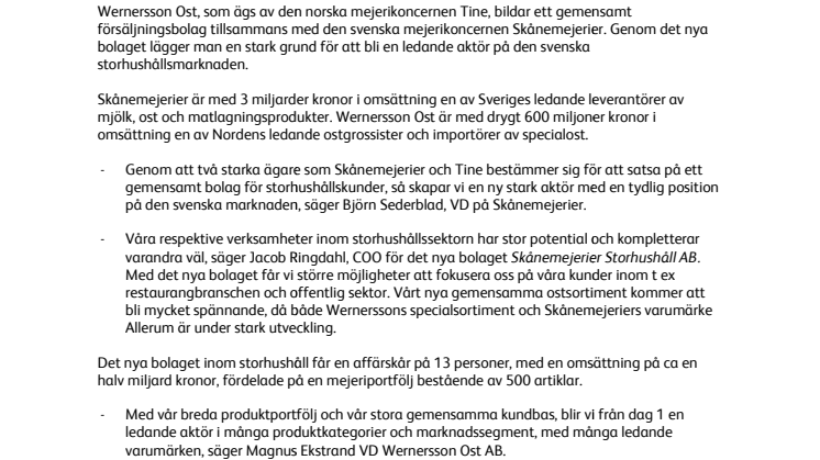 Skånemejerier och Wernersson Ost bildar gemensamt bolag för storhushåll