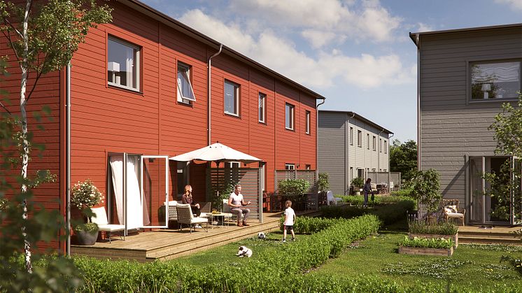 Bilden är en illustration och endast exempel på hur ett kvarter med BoKlok radhus och parhus kan se ut.