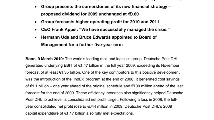 Deutsche Post DHL exceeds forecasts for 2009 and targets sustainable earnings improvement