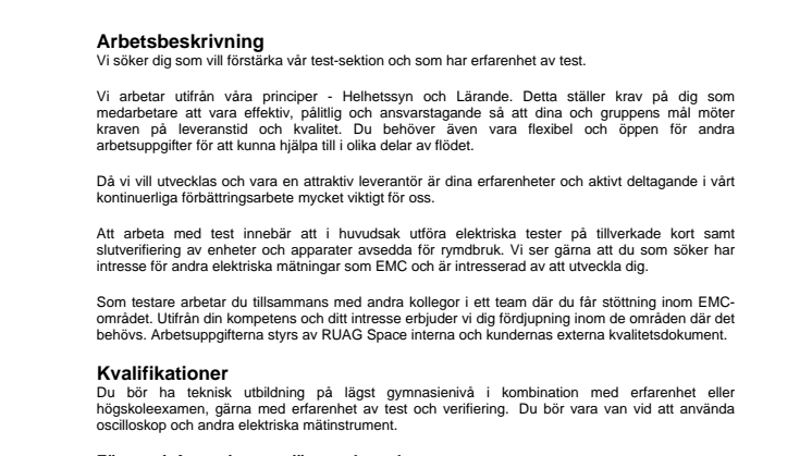 RUAG Space i Göteborg söker Testingenjör