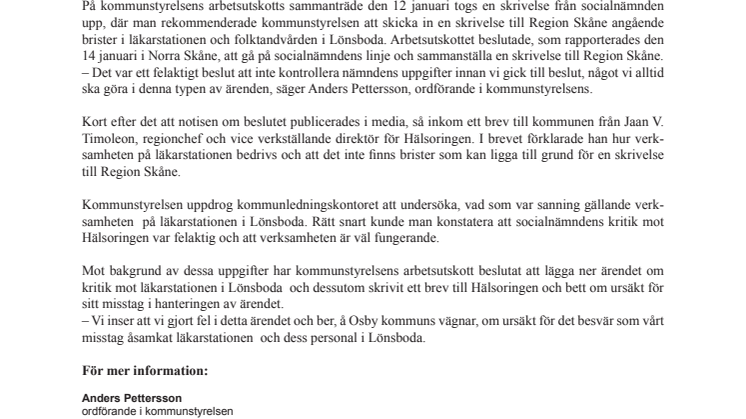 Felaktigt beslut om kritisk skrivelse