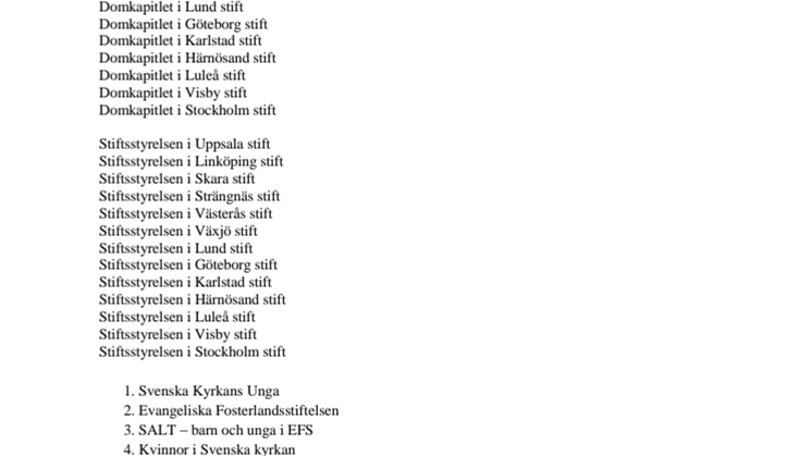 Remissinstanser för kyrkohandboksförslaget 2016