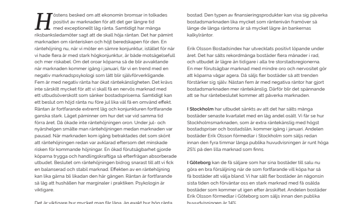 Erik Olsson Fastighetsförmedling kommenterar bostadsmarknaden 19 december 2019
