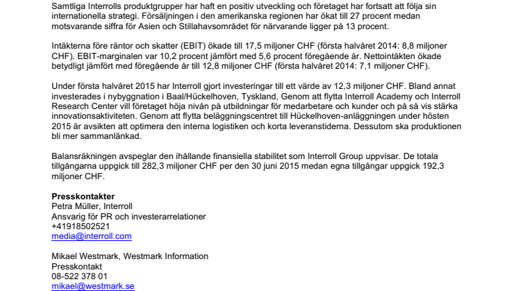 Interroll visar ett mycket starkt första halvår 2015