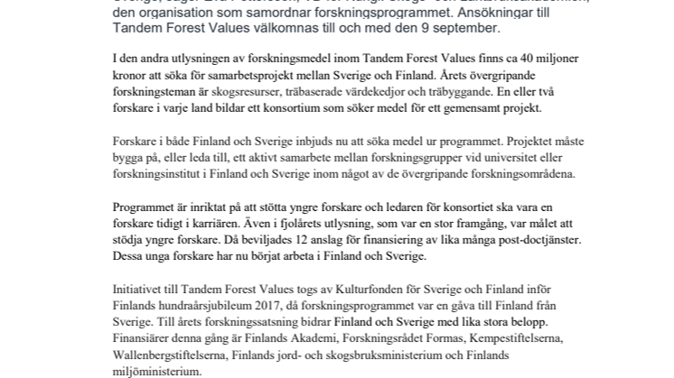 Ny omgång av Tandem Forest Values – 40 miljoner till skogsforskning i Finland och Sverige