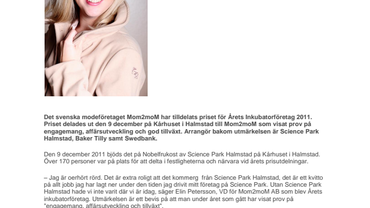 Mom2moM AB har utsetts till Årets inkubatorföretag 2011 på Science Park Halmstad