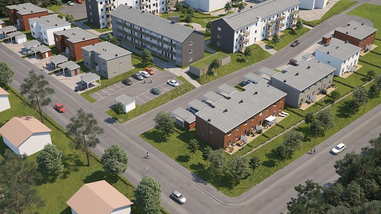 Översiktsillustration av det nya området, med BoKlok Sargen i förgrunden och lägenheter i tidigare byggd etapp i bakgrunden. Östersund. 
