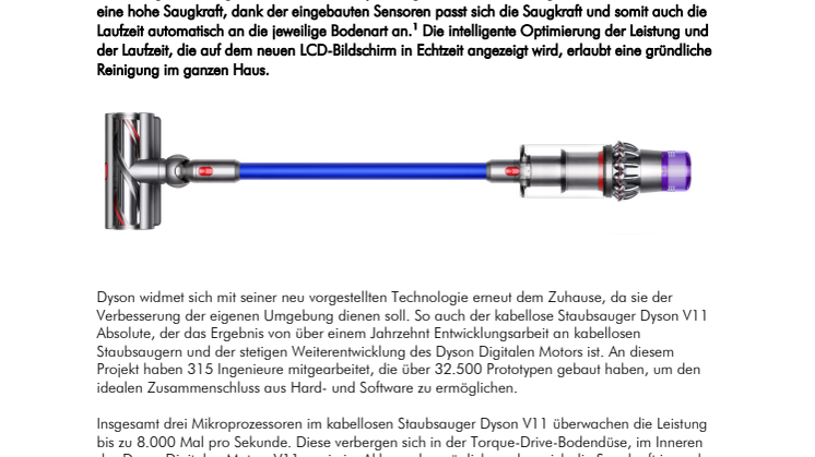 Intelligent Reinigen: Neuer kabelloser Staubsauger von Dyson optimiert die Saugkraft und Laufzeit dank intelligenter Sensoren