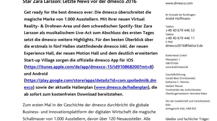 Über 1.000 Aussteller, neue VR- & Drohnen-Area und Spotify-Star Zara Larsson: Letzte News vor der dmexco 2016