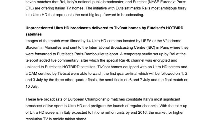 Soccer from space: Eutelsat and Rai broadcast first of seven Euro2016 matches in live Ultra HD 