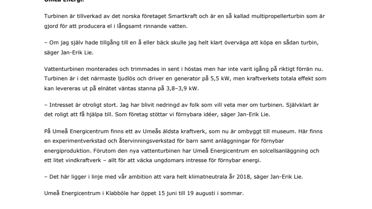 Umeå Energi först i världen med smart vattenturbin