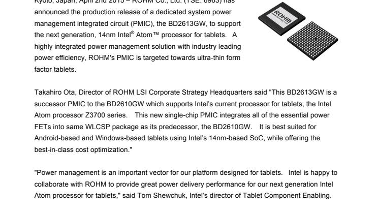 ROHM to start shipments of a Dedicated System Power Management IC for the 14nm Intel® Atom™ processor for tablets