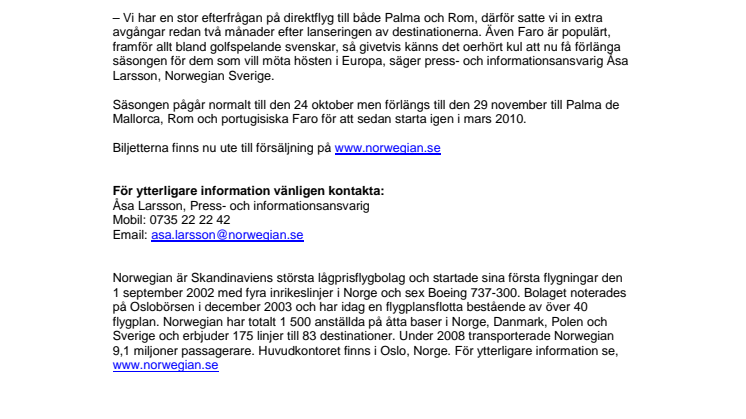 Norwegian förlänger säsongen till Faro, Palma och Rom