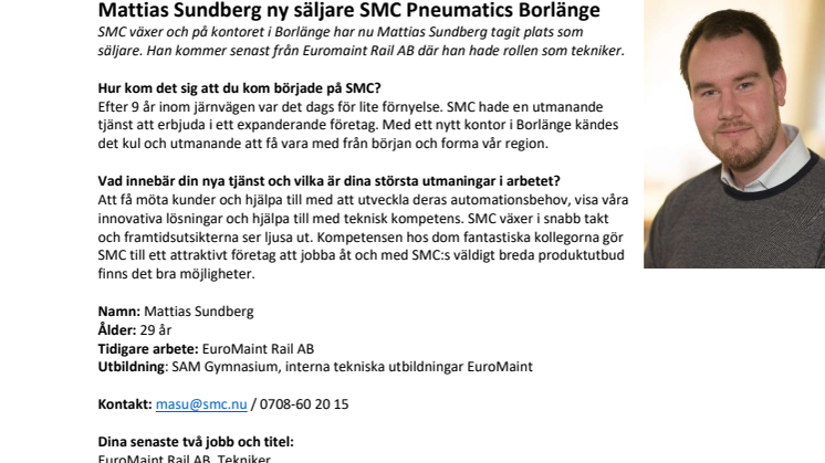 Mattias Sundberg ny säljare SMC Pneumatics Borlänge