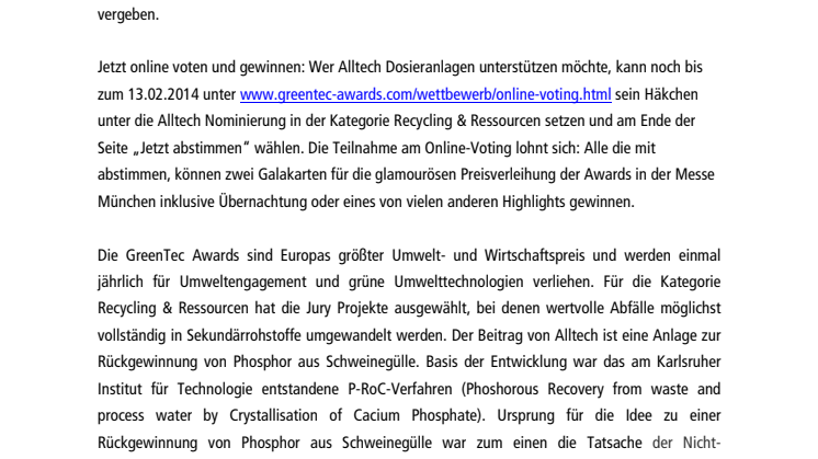 Alltech Dosieranlagen für einen der GreenTec Awards 2014 nominiert – jetzt voten