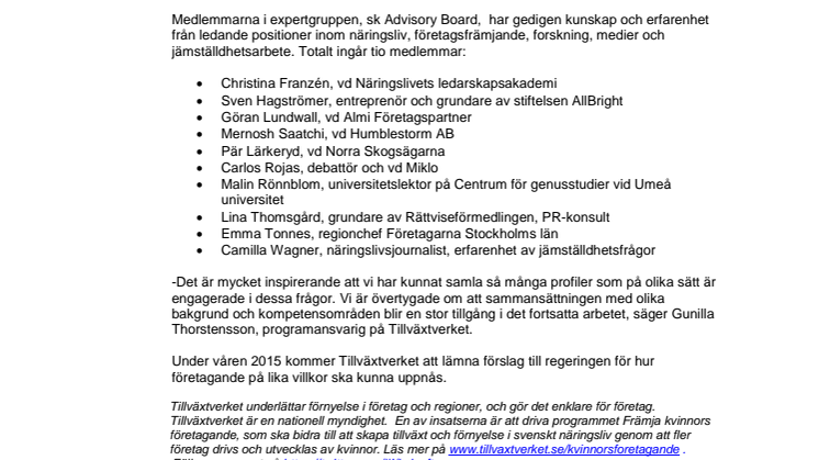Ny expertgrupp för företagande på lika villkor
